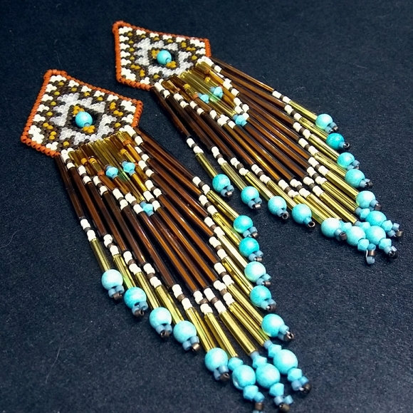 ⭐HP⭐ Beaded Handmade Brown Turquoise Long Earrings - Picture 2 of 7